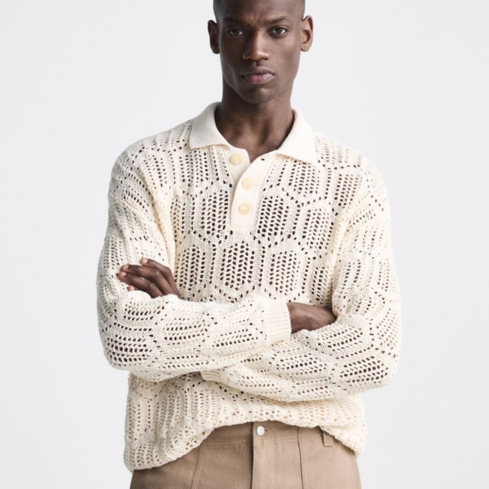 Cream Open-Knit Polo Sweater - Men